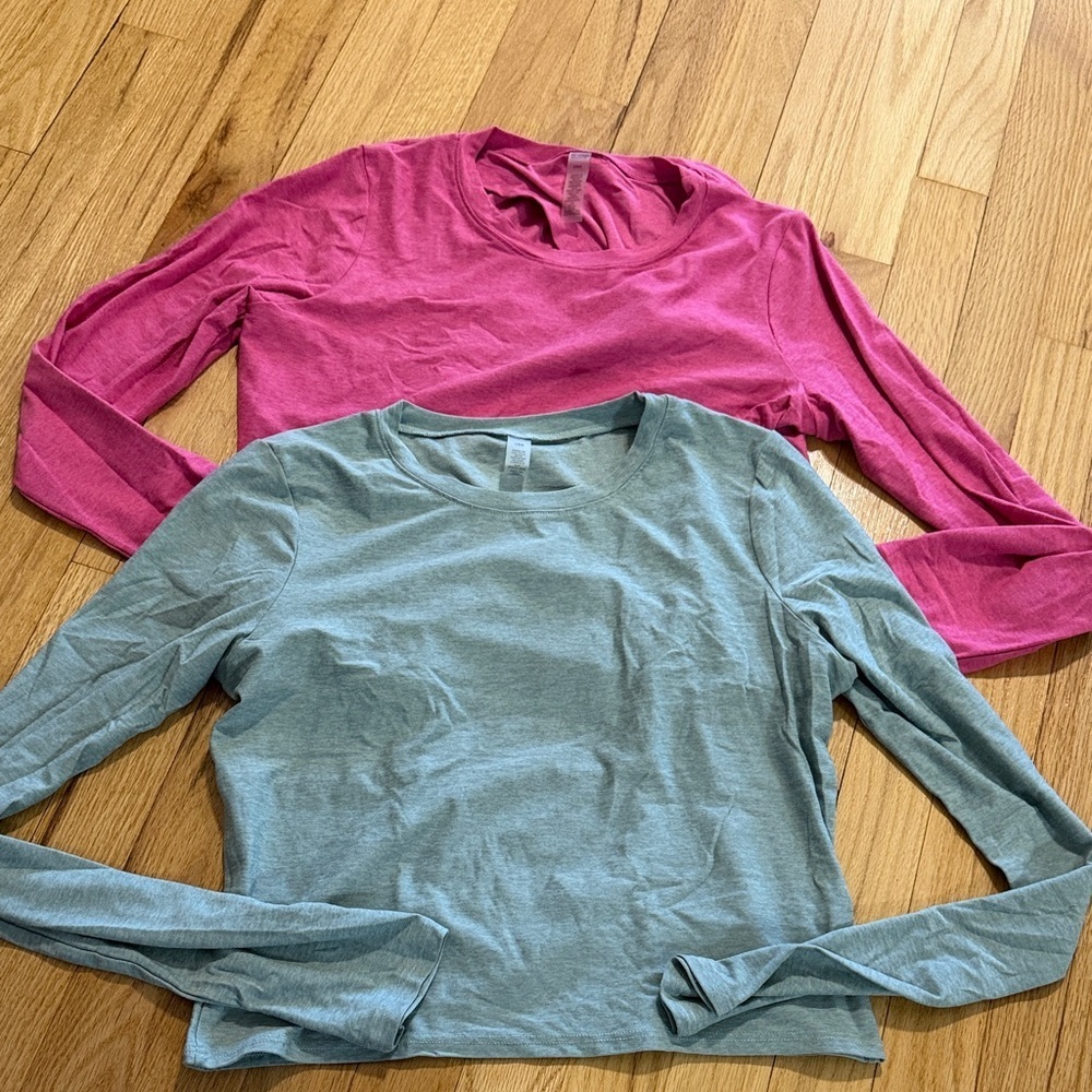 Lot of 2 Beyond Yoga Pink Blue Overlap Cutout Workout Top Sz L